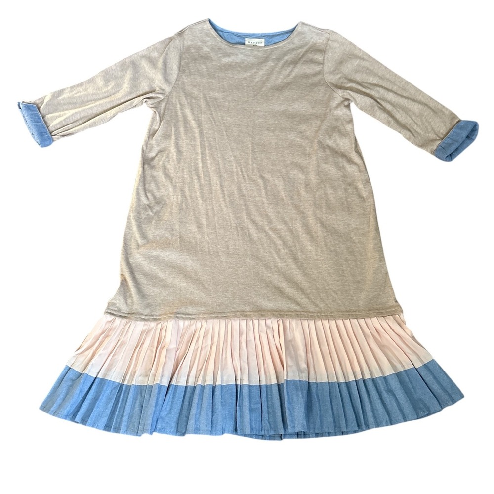 Hayden Girls Tan, Pink & Blue Pleated Round Neck Dress, Size 13/14, Thanksgiving